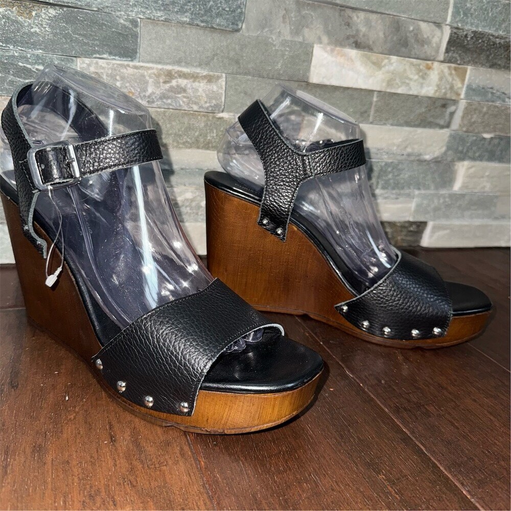 Christian Di Riccio‎ Wedge Sandals Womens 8.5 - 9 Black Studded Platform Buckle